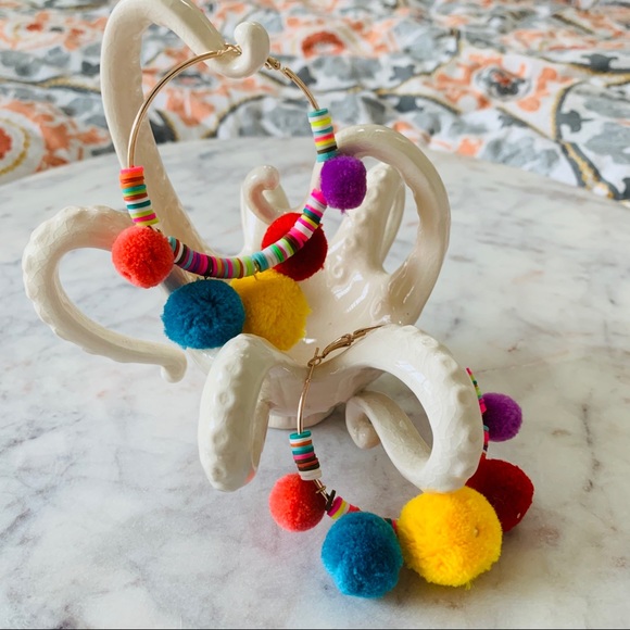 Rainbow Pom Pom Beaded Hoop Earrings - Picture 3 of 3